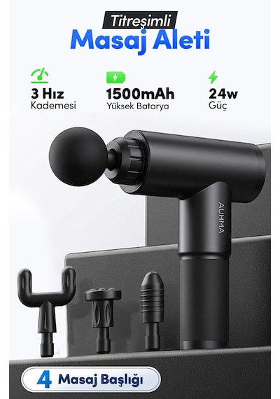 Auhma Amg35 Şarjlı Masaj Tabancası 24w 3 Kademeli Titreşimli Massage Gun 4 Başlıklı Profesyonel Siyah