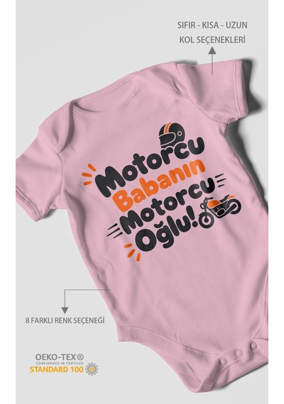 Morivokids Motorcu Babanın Motorcu Oğlu Kısa Kollu Bebek Body %100 Pamuk Koyu Pembe