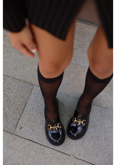Selin Shoes Hily Gold Aksesuar Detay Kadın Loafer- Siyah Rugan