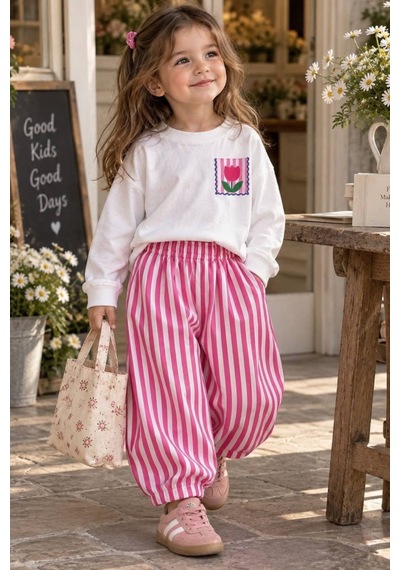 Defy Kız Çocuk Çiçek Baskılı Penye Ve Pantolon Takım Pembe