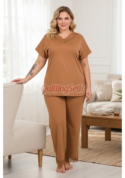 Lady Kahverengi Renk B-630 Pamuklu Ve Dantel Detaylı, Büyük Beden Anne Pijama Takımı