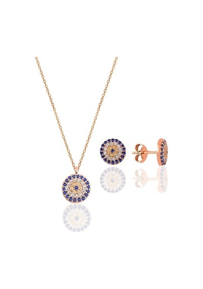 Gümüş Rose Zirkon Taşlı Nazar Kolye Ve Küpe Gümüş Ikili Set