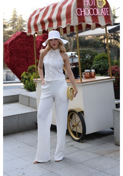 Mitodo.com.tr Yazlık Gofret Kumaş Yelek Ve Pantolon İkili Takım Beyaz
