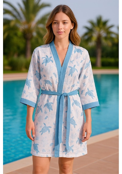 Baskılı Müslin Kimono Bornoz Unisex %100 Pamuk Yumuşacık 2 Katlı Doğal Kumaş - Ztmbb10 Mavi