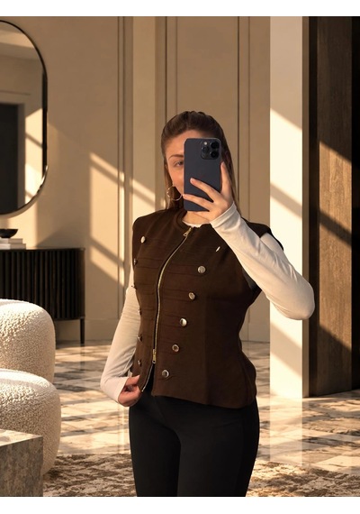 Elora Atelier Pankou Çin Düğme Detaylı Kahverengi Triko Yelek