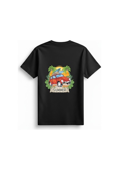 Paybuy Yaz Retro Beetle Sörf Tasarımı Baskılı Kadın Tişört Siyah