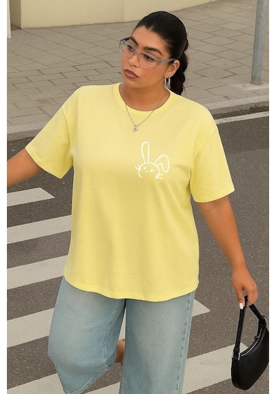 Büyük Beden Tavşan Baskılı Unisex Tişört Sarı