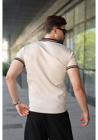 Madmext Taş Rengi Yarım Fermuarlı Polo Yaka Triko Erkek Tişört E7501