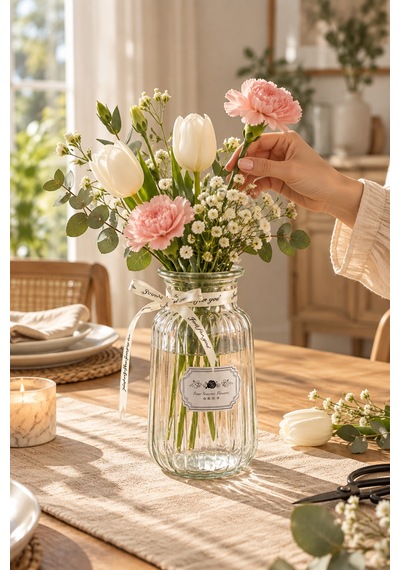Porsima 04286 Çizgili Cam Vazo 1300 Ml Kurdele Detaylı Şeffaf Vazosu 22 Cm