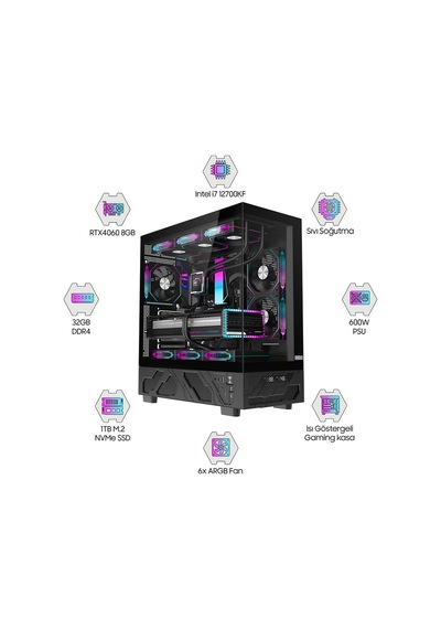 Dragos DRX7157 i7-12700KF 32 GB 1 TB NVMe SSD RTX4060 Free Dos Oem Paket Masaüstü Oyuncu Bilgisayarı