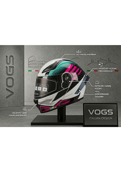 Ws-210 Güneş Vizörlü Çene Açılır Kask Beyaz-yeşil Turuncu Şeffaf Vizörlü İtaly Dizany Çok Renkli