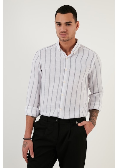 Buratti Pamuklu Çizgili Regular Fit Düğmeli Yaka Erkek Gömlek Cf21S112480 Beyaz-Lacivert
