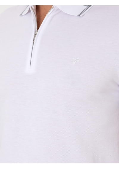 Beyaz Slim Fit %100 Pamuk Fermuarlı Polo Yaka T-shirt