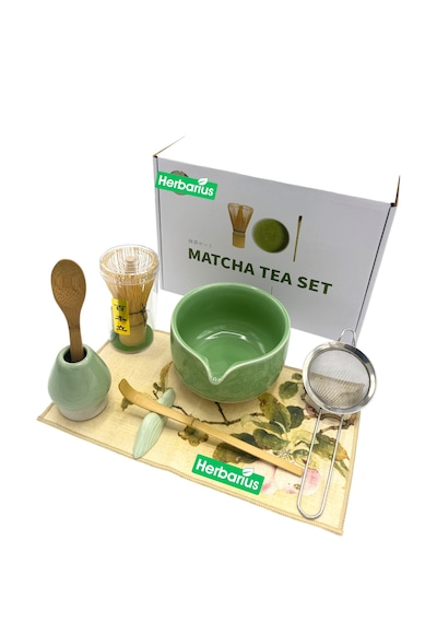 Herbarius 8 Parça Çiçek Desenli Balık Sırtı Kabartmalı Mint Yeşili Renk Matcha Çayı Hazırlama Seti - Geleneksel Japon Matcha Seti