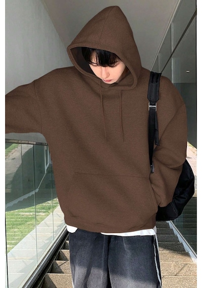 Genius Store Erkek Sweatshirt Kanguru Cepli İçi Polarlı 3 İplik Kapüşonlu Oversize Sweatshirt Kanguru-sweatshırt Kahverengi