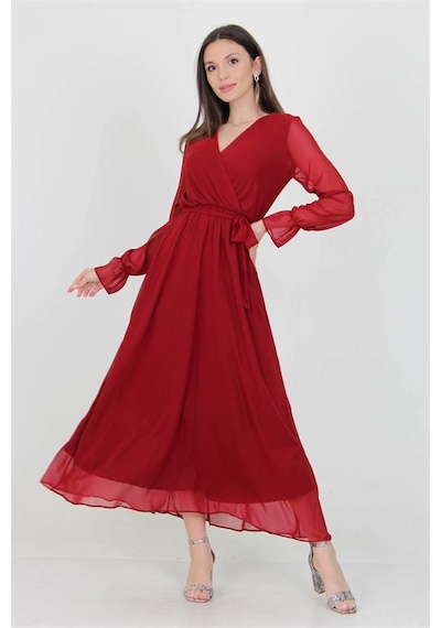 Neşeli Butik Kadın Bordo Yeni Sezon Astarlı Kruvaze Yaka Uzun Şifon Elbise Nb003 Bordo
