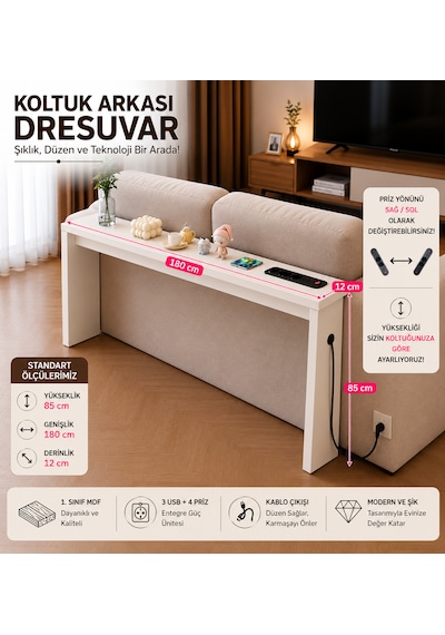 Koltuk Arkası Dresuar 2 Usb + 1 Type-c + 4 Priz Çıkışlı 1. Sınıf Mdf 100 / 150 / 180 Cm Beyaz Koltuk Arkası Dresuar 2 Usb + 1 Type-c + 4 Priz Çıkışlı 1. Sınıf Mdf 100 / 150 / 180 Cm Beyaz