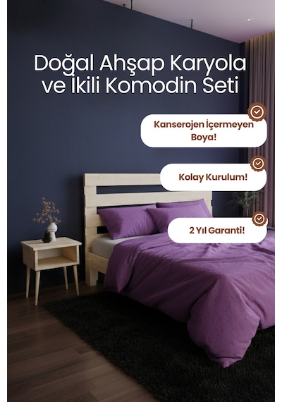 Renazzo Urban Masif Ahşap Karyola Ve 2 Adet Komodin Natürel 140x200 Natürel - 140 X 200