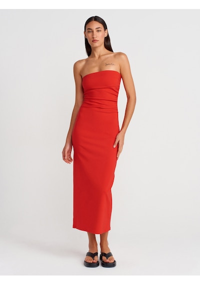 Dilvin 91368 Straplez Midi Elbise-kırmızı Kırmızı