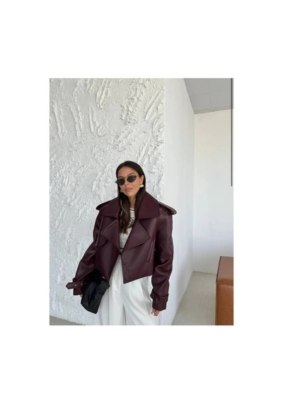 Candybia Kadın Premium Trend Luxury Bordo Suni Deri Tasarım Biker Ceket Bordo Bordo