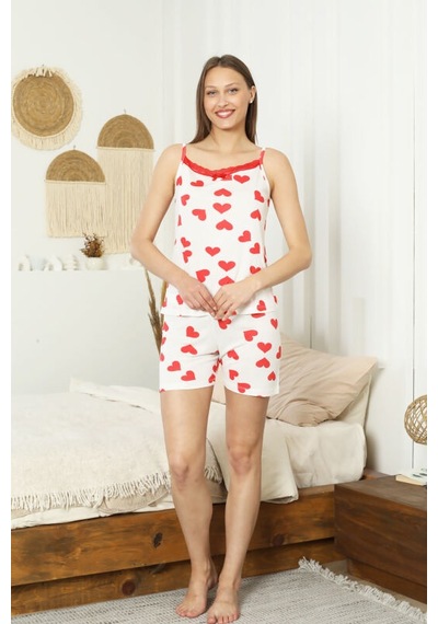 Monox Kadın Dantel Yaka İp Askılı Atlet Ve Şortlu Kırmızı Kalp Baskılı Pijama Takımı Beyaz Monox Kadın Dantel Yaka İp Askılı Atlet Ve Şortlu Kırmızı Kalp Baskılı Pijama Takımı Beyaz