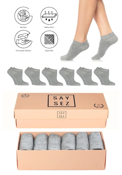 Saysez Bambu Kadın Patik Gri Melanj Çorap Dikişsiz Premium Kutulu 6'lı Gri Melanj