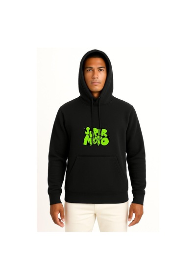 Bahriyeli Collection Kapüşonlu Super Moto Yeşil Göğüs Baskılı Unisex Sweatshirt Siyah