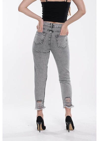 Shevega Kadın Bacak Lazer Yirtik Kar Siyah Mom Jeans Siyah
