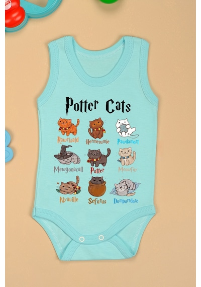 Bebetospik %100 Pamuklu Potter Cats Baskılı Yumuşak Doku Baskılı Zıbın & Body Turkuaz