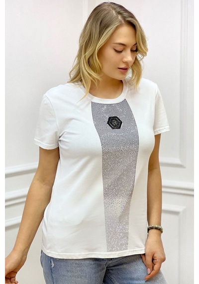 Rich Glam Bisiklet Yaka Crystal Taşlı Büyük Beden Plus Size Pamuk Şık Rahat Siyah Kadın T-shirt Beyaz
