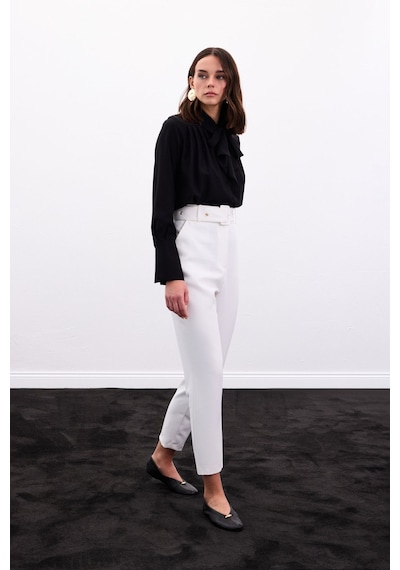 Sateen Kemerli Pantolon - Ekru-136910 Ekru
