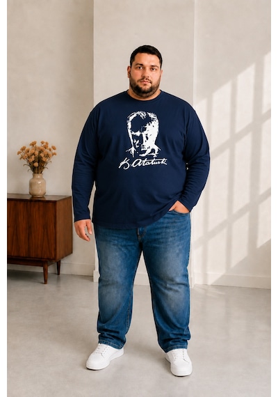 Sngl Tekstil Erkek Büyük Beden Uzun Kollu Atatürk Baskılı T-shirt 3xl 4xl 5xl 6xl 7xl 8xl 9xl Lacivert