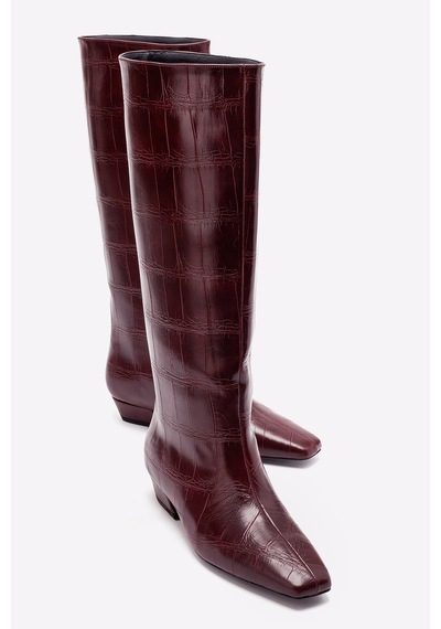 Luvi Shoes Lyrıc Bordo Baskı Kadın Kalın Topuklu Çizme