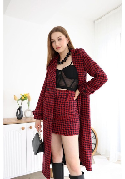 Neşeli Butik Kadın İthal Kaşe Kumaş Etek Ve Kaban İkili Takım Nbemp2576 bordo