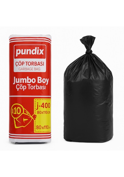 Pundix Pundıx J400 Endüstriyel Çöp Poşeti 80x110 Cm Siyah Jumbo Boy Kalın Seri 1 Koli 20 Rulo / 200 Adet Dayanıklı, Sızdırmaz Ve Geniş Hacimli Çöp Torbası