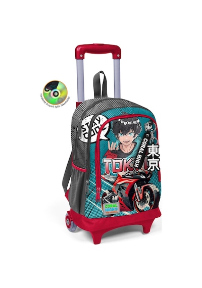 Coral High Kids Gri Nefti Anime Motorsiklet Desenli Üç Bölmeli Çekçekli Okul Sırt Çantası 23964