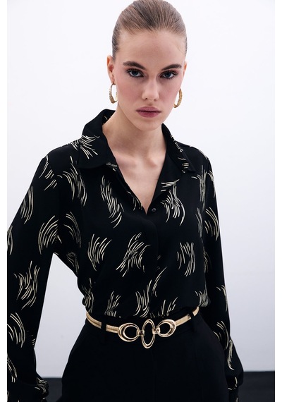 Sateen Baskılı Klasik Gömlek - Gold-135867 Gold Altın