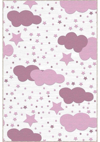 Pembe Kaymaz Tabanlı Yıkanabilir Bulutlu Bebek Halısı Kd026n11