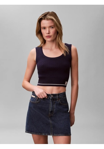 Calvin Klein Sl Woven Label Cable Lacivert Kolsuz Bluz