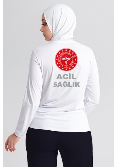 Beyaz 112 Acil Sağlık Bisiklet Yaka Uzun Kollu Tişört Unisex