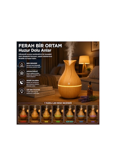 Ahşap Görünümlü Vazo Şeklinde Ultrasonik Hava Nemlendirici Renk Değiştiren Led Işıklı Aroma Difüzör Kahverengi