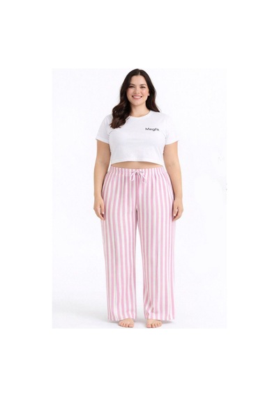 Viskon Pamuklu Kadın Büyük Beden Pudra Pembe Çizgili Pijama Pantolon - Mgb004 - Mudanis