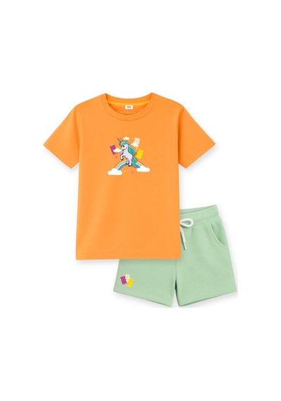 Haribo Lisanslı Unicorn Baskılı Kız Çocuk T-shirt Şort Takım Turuncu