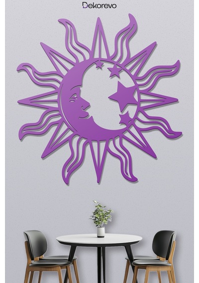 Mistik Kozmos Güneş Ve Ay Metal Duvar Dekoru - Metal Duvar Sanatı - Mor - 48 X 50 Cm