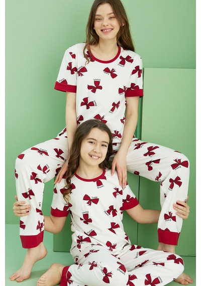 Siyah İnci Pamuklu Bisiklet Yaka Örme Pijama Takım25117067 Ekru