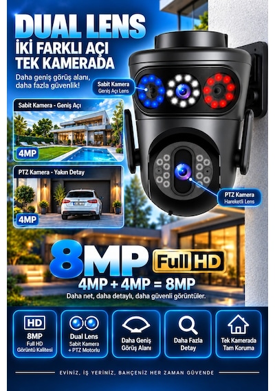 8mp Dual Lens Wifi Ptz Dış Mekan Güvenlik Kamerası Renkli Gece Görüş İnsan Takip Ip66 Rj45