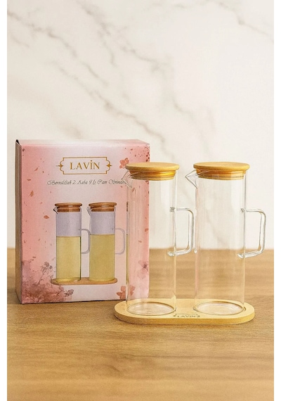 Bambu Altlıklı 2 Li Cam Yağlık Yağdanlık Sirkelik 400ml-400ml Şeffaf