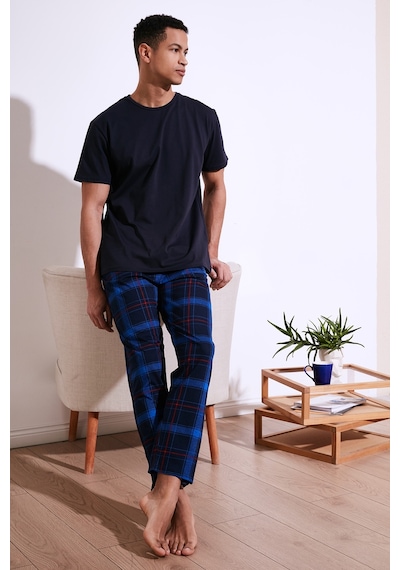 Buratti Ekoseli Pamuklu Regular Fit Kısa Kollu Erkek Pijama Takımı 6572006 Lacivert-Saks