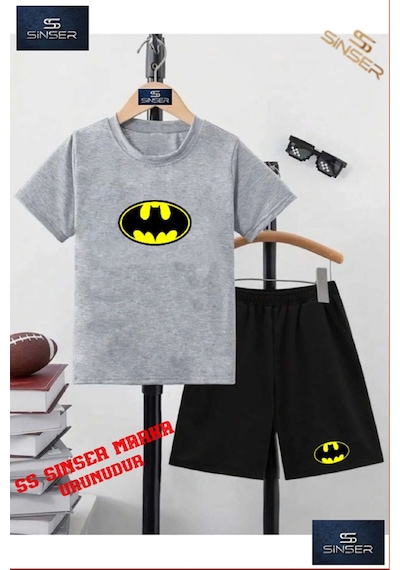 Ss Sinser Çocuk Batman Logo Özel Baskılı Bisiklet Yaka Tişört - Şort Alt - Üst Çocuk Takım Renk:grı/sıyah