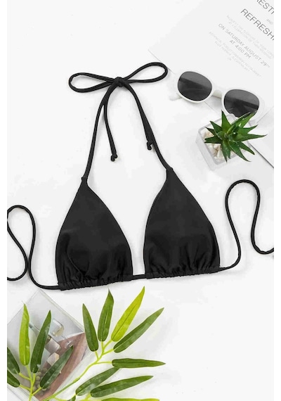 Angelsin Siyah Boyundan Bağlamalı Üçgen Bikini Üstü Siyah 001